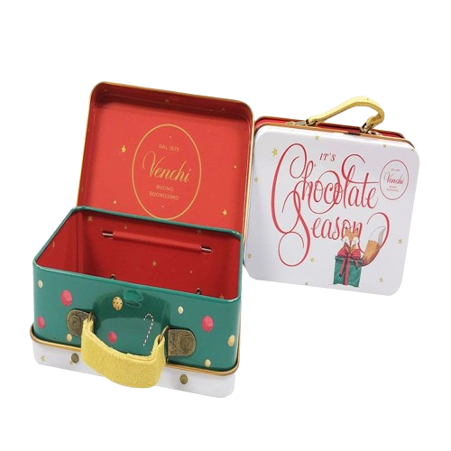 Custom Pattern Printed Square Tin Metal Box With Handle Large Rectangular Cookie Box Tin Christmas