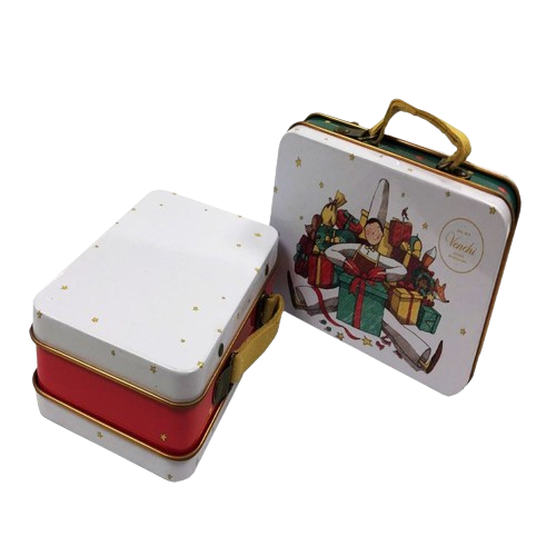 Custom Pattern Printed Square Tin Metal Box With Handle Large Rectangular Cookie Box Tin Christmas