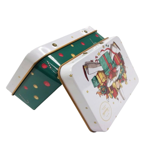 Custom Pattern Printed Square Tin Metal Box With Handle Large Rectangular Cookie Box Tin Christmas