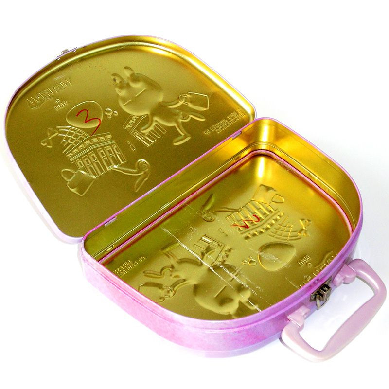 Custom printed logo cute rectangle metal tin box packaging handle tin box for chocolate candy